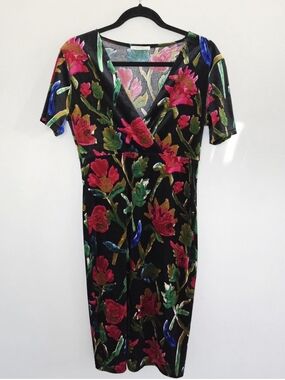 Zara Trafaluc Vintage Black Velvet Midi Dress with Pink & Green Floral Print
